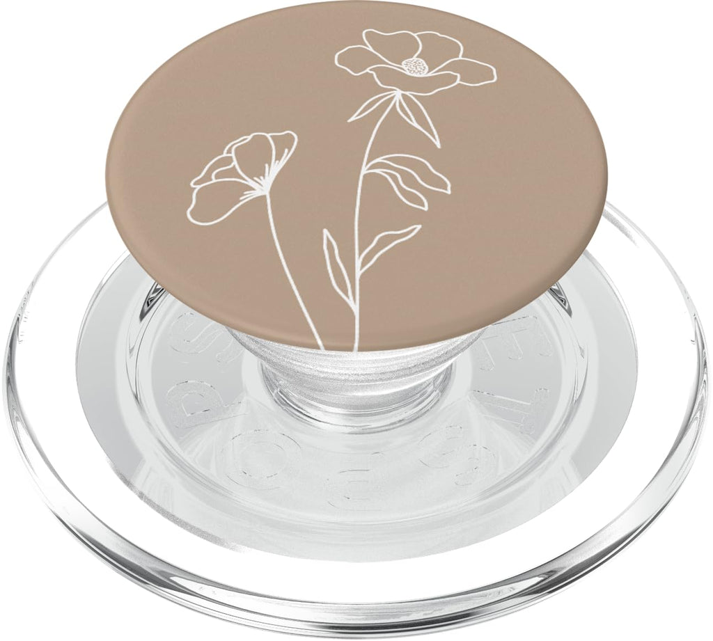 Boho Neutral Beige Aesthetic Minimalist Floral Line Art Tan PopSockets PopGrip for MagSafe