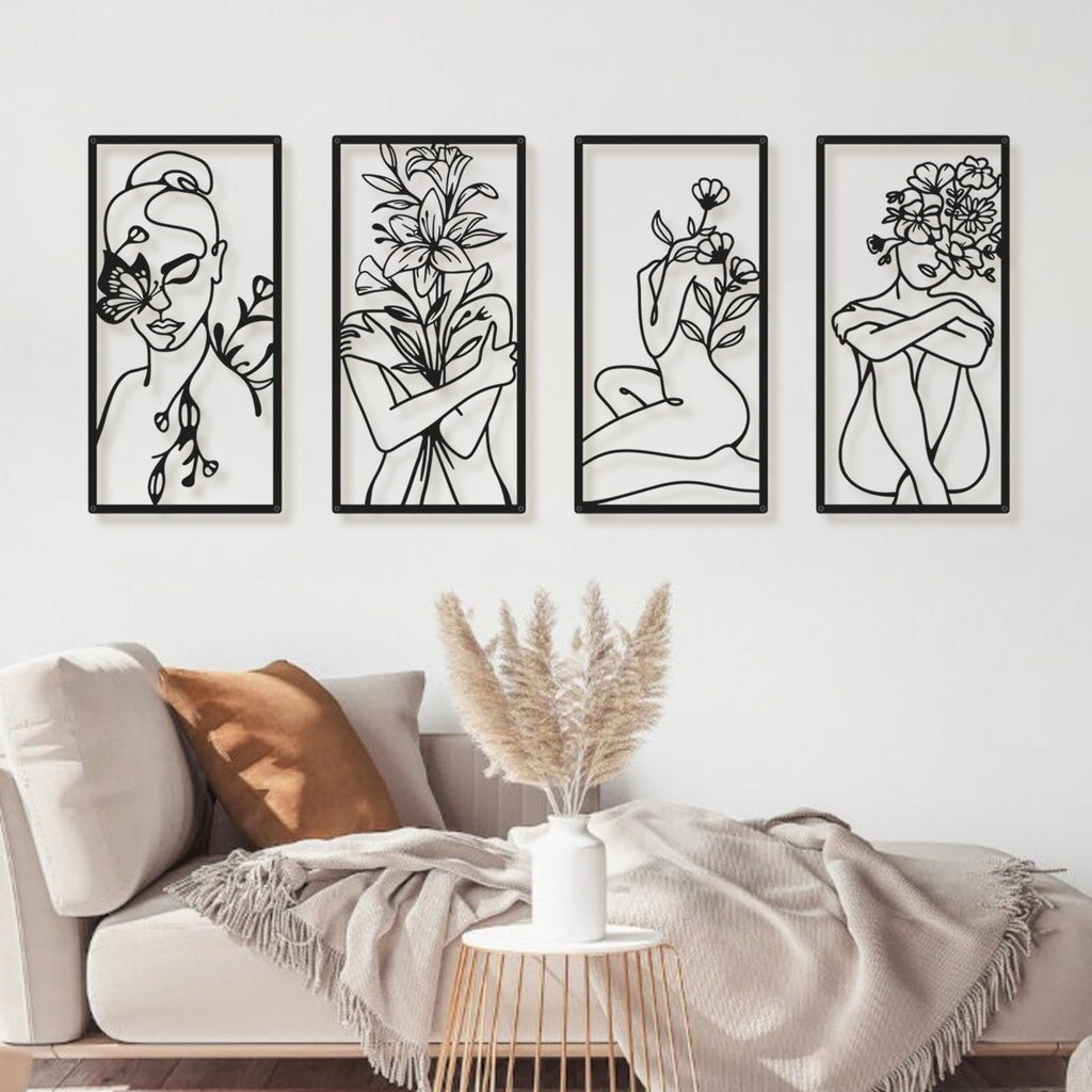 Bakovity Black Metal Wall Art Abstract Woman Wall Decor Minimalist Flower Line Wall Decor Modern Aesthetic Metal Wall Art for Bedroom Bathroom Living Room (4 Pcs 17 x 9 in)